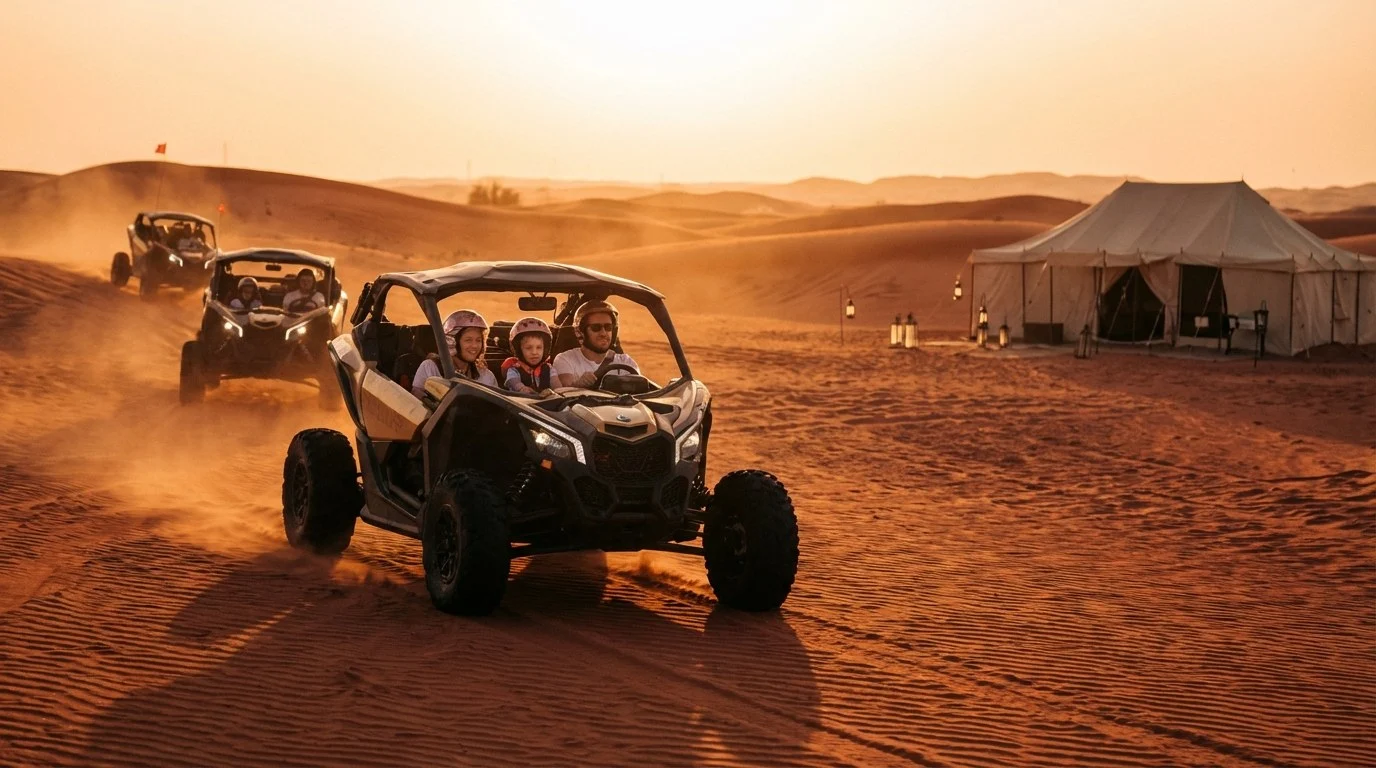 Tourists riding dune buggies across the red Lahbab desert dunes in Dubai during a morning tour with clear skies