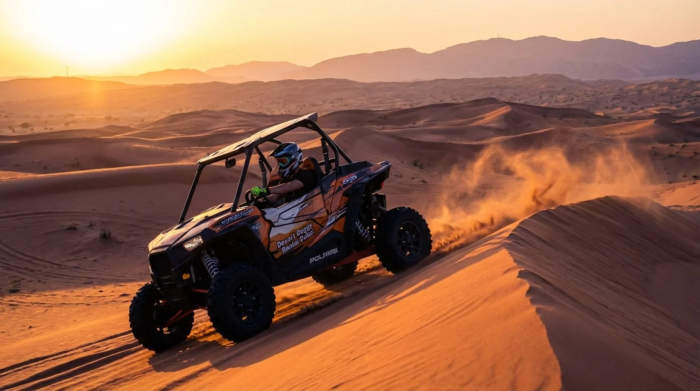 Tourists riding quad bikes across the desert dunes of Ras Al Khaimah during a guided tour at sunset