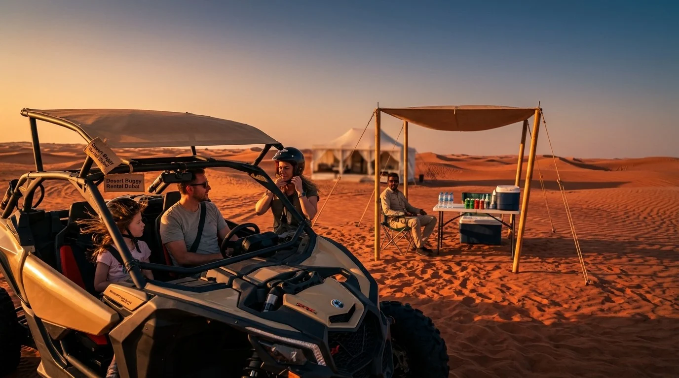 A family enjoying a thrilling dune buggy ride across the golden sands of the Dubai desert at sunset, with a licensed guide ensuring safety
