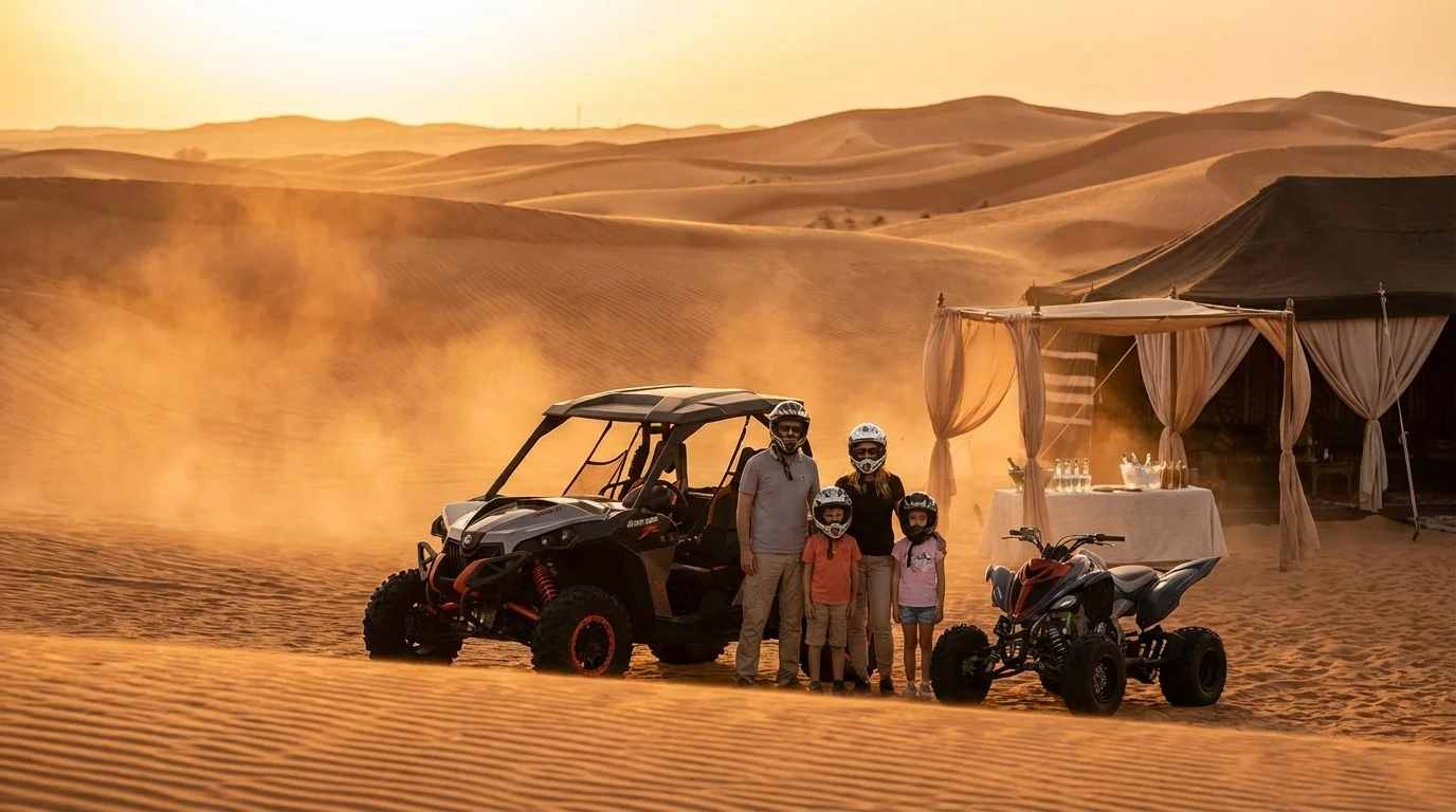 Tourists riding quad bikes across the red Lahbab dunes at sunset, with a clear sky and distant desert landscape