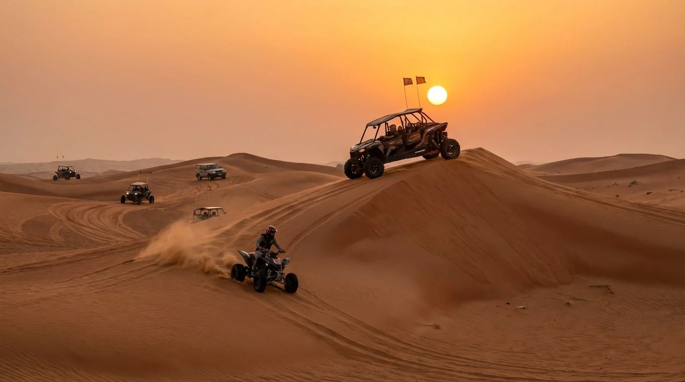 Tourists riding quad bikes and dune buggies across the red Lahbab desert dunes in Dubai at sunset