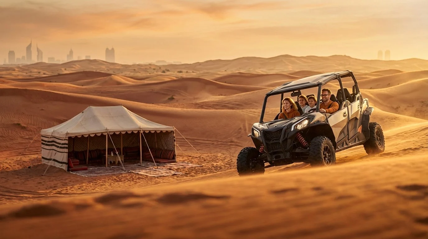 A group of tourists in a desert buggy, wearing safety helmets, driving through red sand dunes under a clear blue sky during a morning safari