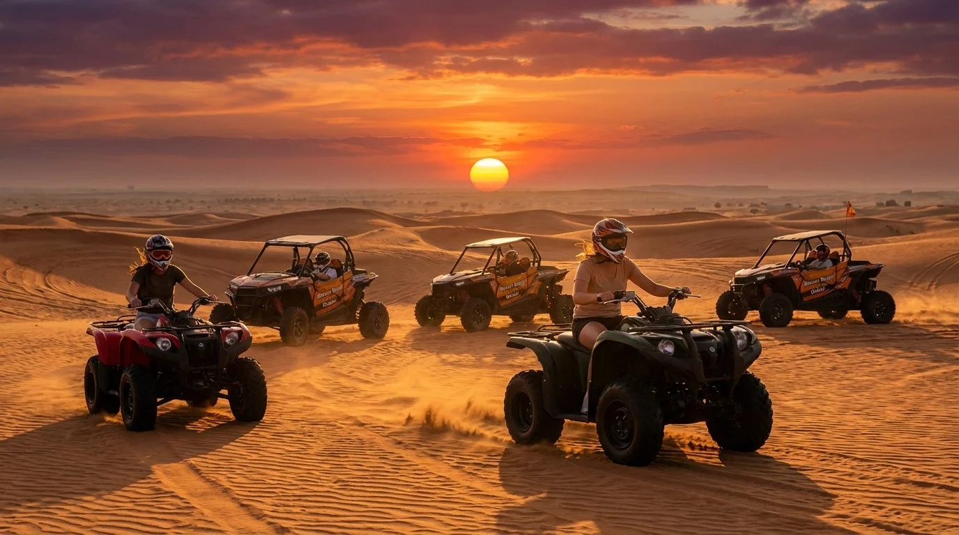 A group of people on quad bikes riding through the desert dunes of Abu Dhabi, with one rider in the foreground kicking up sand, under a clear blue
