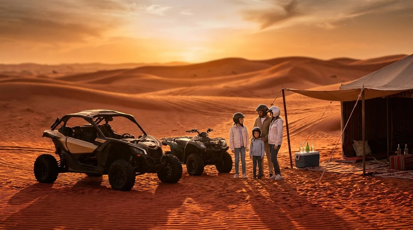 Parents and children preparing for a quad biking tour in the Abu Dhabi desert, ensuring safety with proper gear and briefings