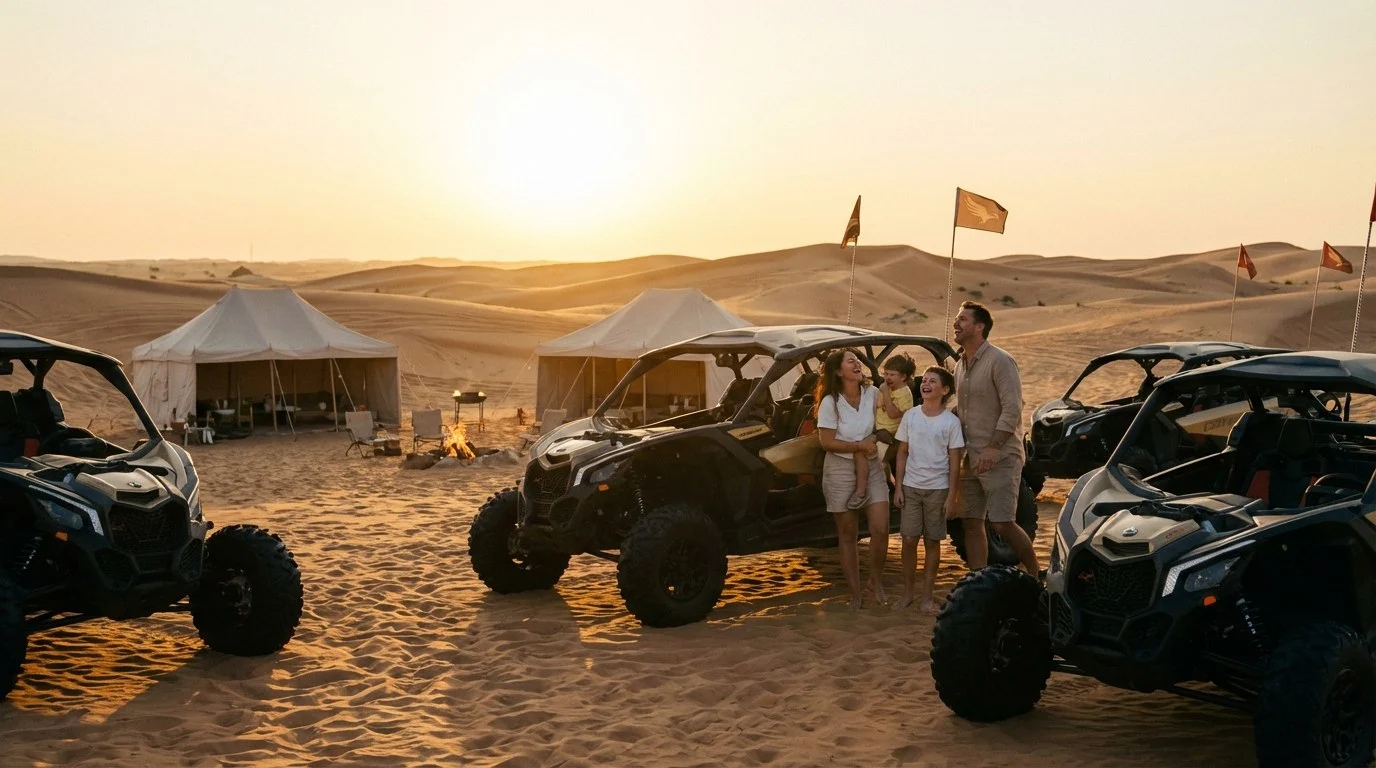 A group of tourists enjoying a thrilling dune buggy ride across the vast, golden sands of the Arabian desert during a safari adventure.