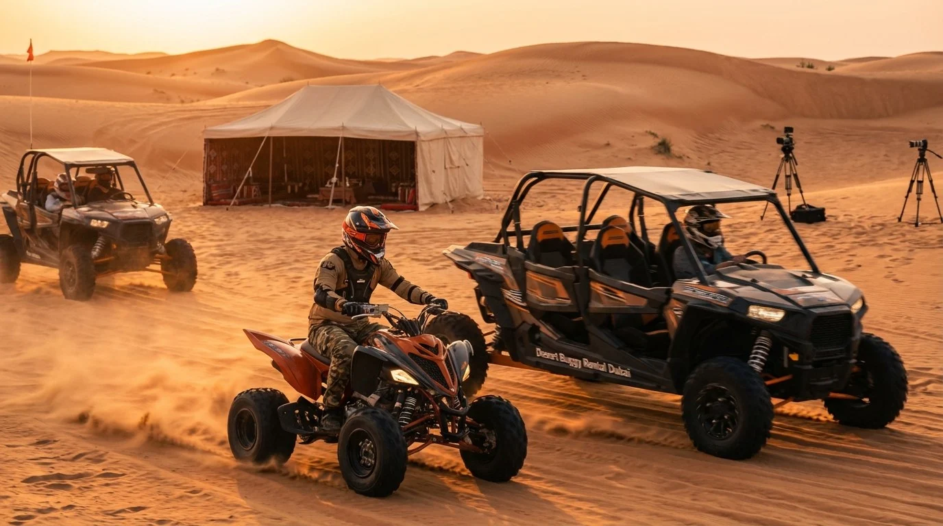 Tourists riding quad bikes across red Dubai dunes at sunset, with a golden sky in the background