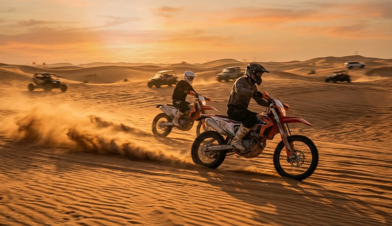 KTM dirt bikes lined up in the Dubai desert at sunset, ready for riders to experience the thrill of dune riding