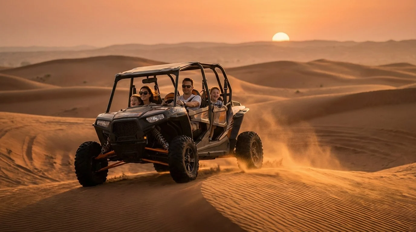 Tourists enjoying a morning desert safari in Sharjah with dune buggies and quad bikes under a clear sky