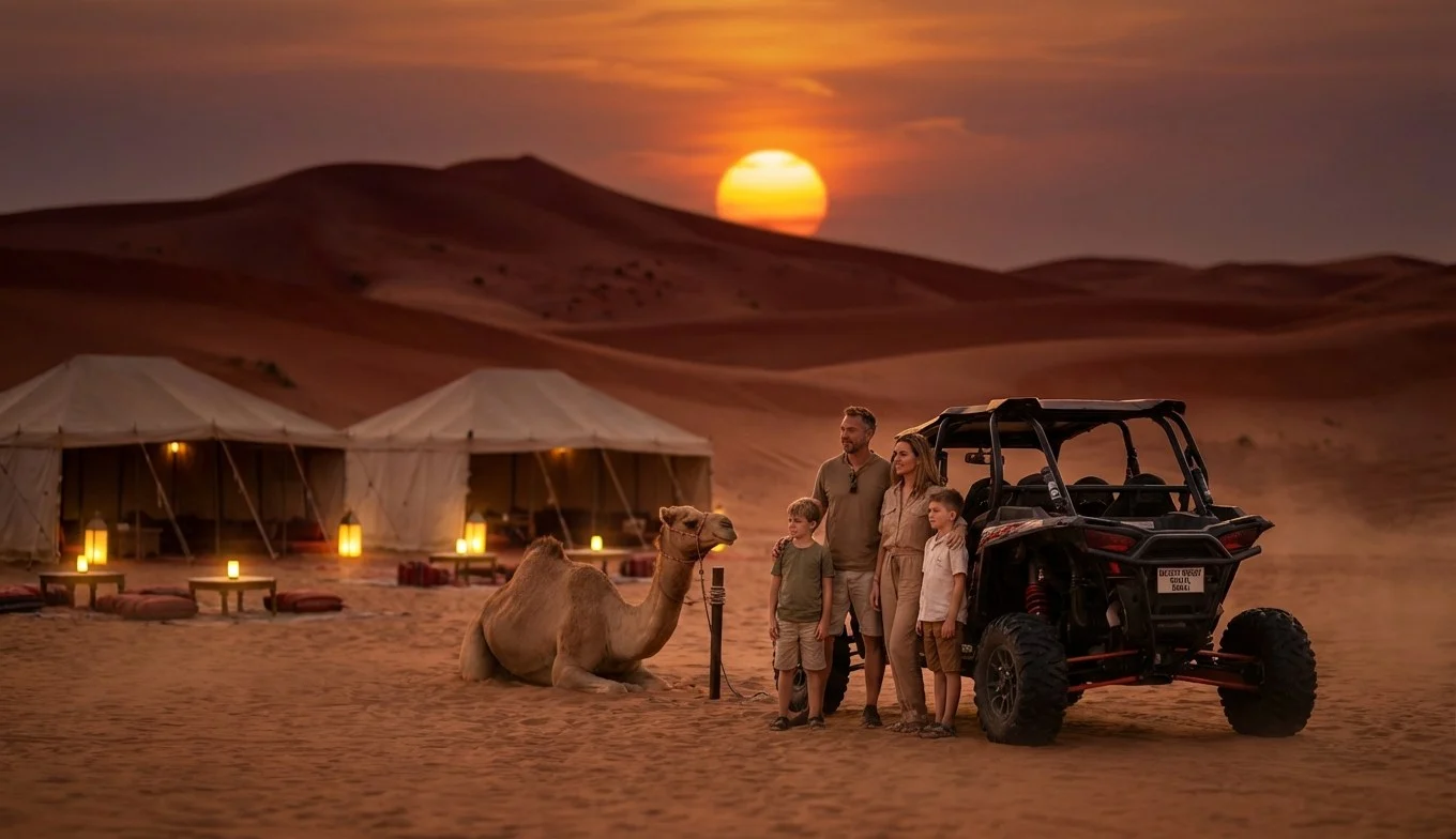 Tourists enjoying a traditional desert camp experience with a bonfire and entertainment during an evening safari in Abu Dhabi