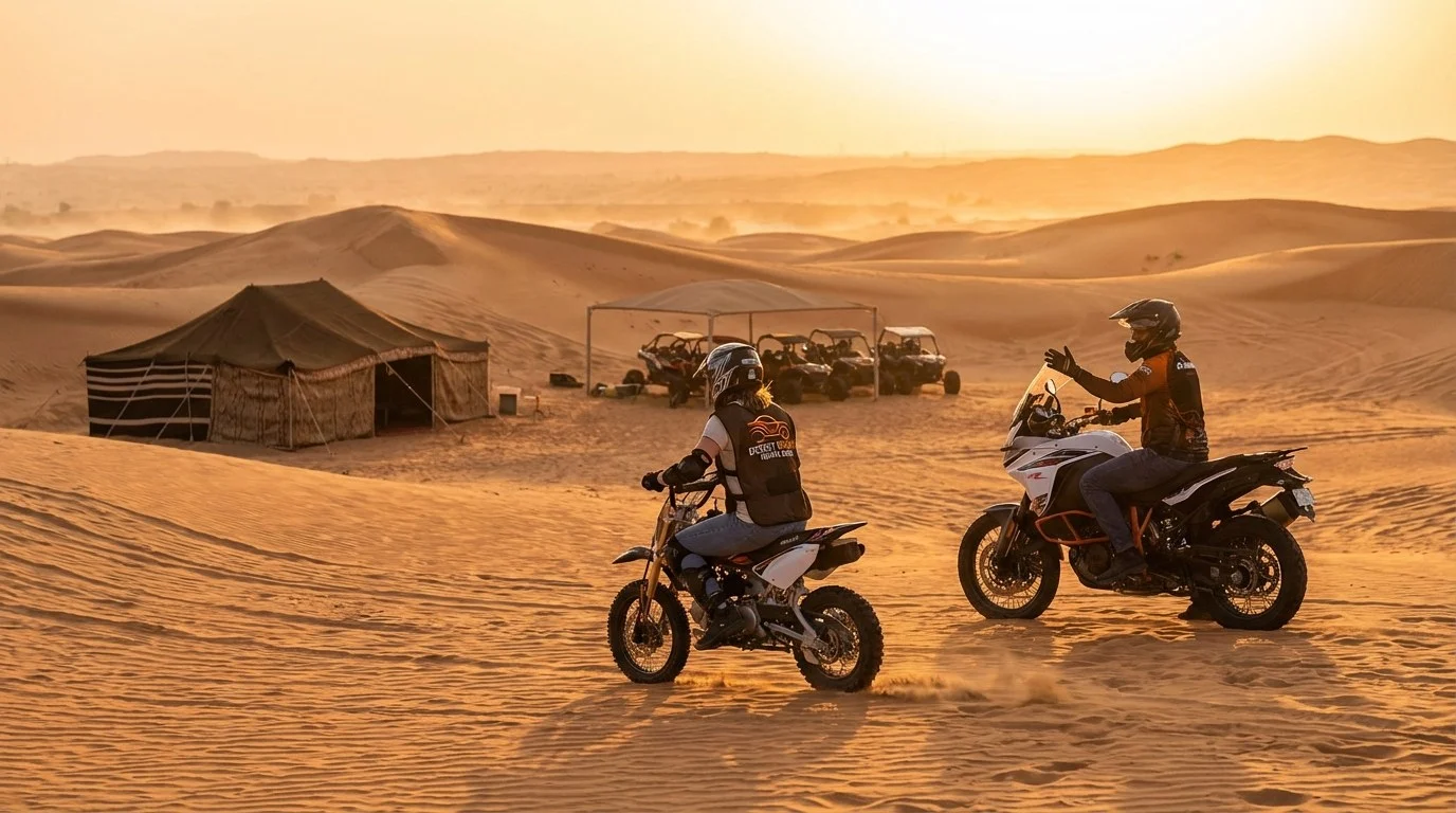 Tourists riding low-power dirt bikes on a supervised practice loop in the Al Marmoom desert near Dubai