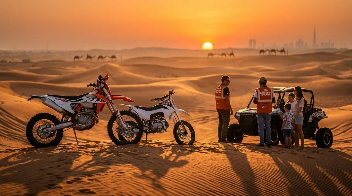 Two dirt bikers, one on a KTM and one on a regular dirt bike, riding side-by-side across the red sand dunes of Dubai's desert.