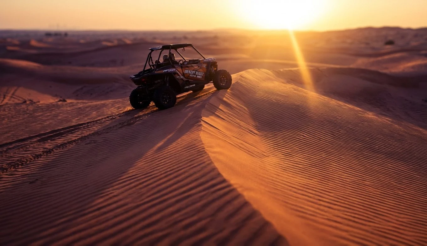 Tourists riding dune buggies across the red dunes of Ras Al Khaimah's Al Wadi Desert at sunset, with a guide leading the convoy.