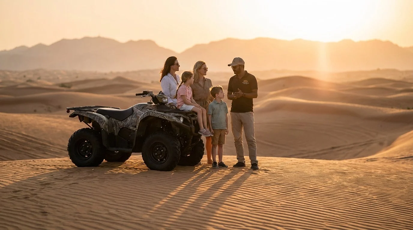 Tourists on quad bikes, wearing helmets and safety gear, riding across the desert dunes of Sharjah with a guide leading the way