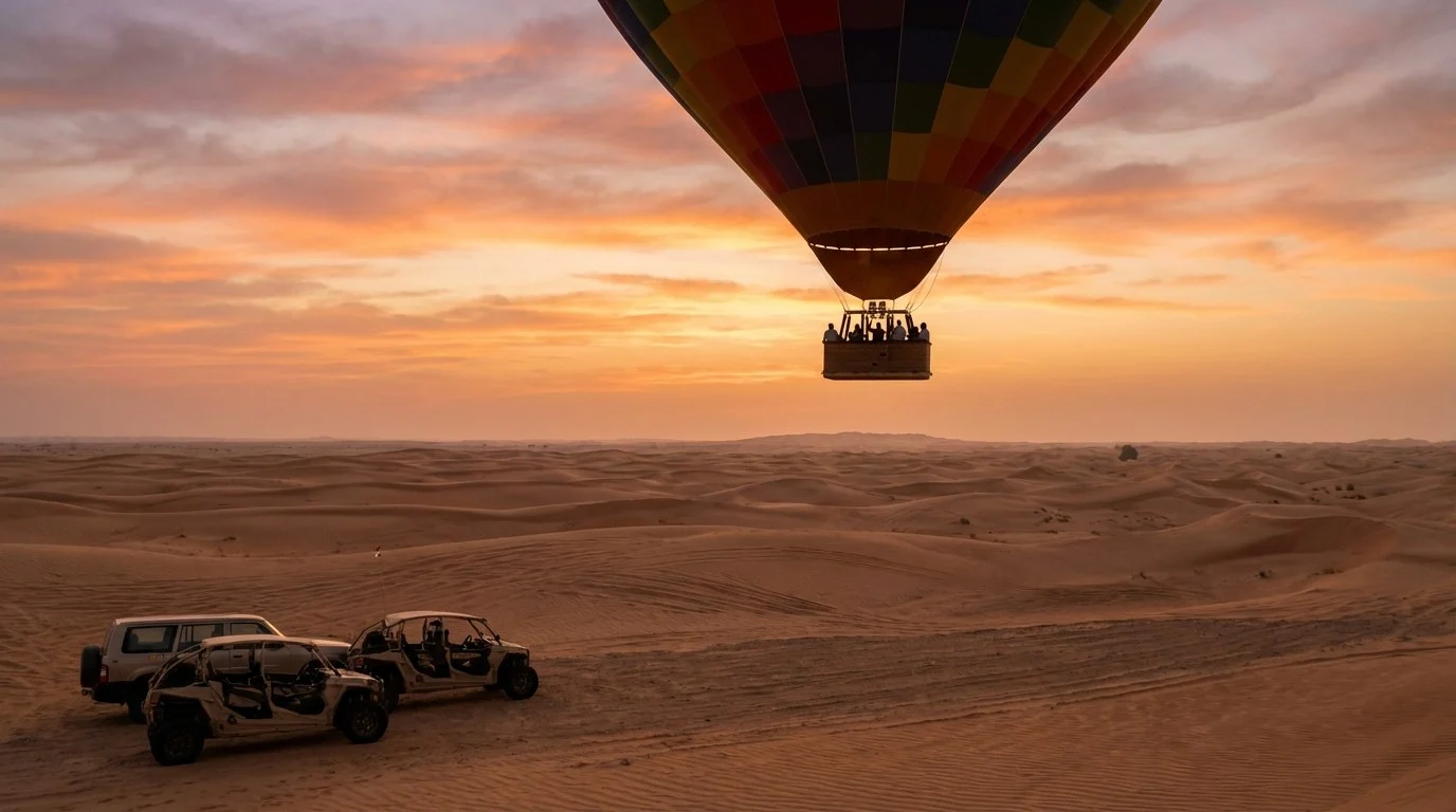 Hot air balloons floating over the Abu Dhabi desert at sunrise, with golden light illuminating the dunes and distant city skyline