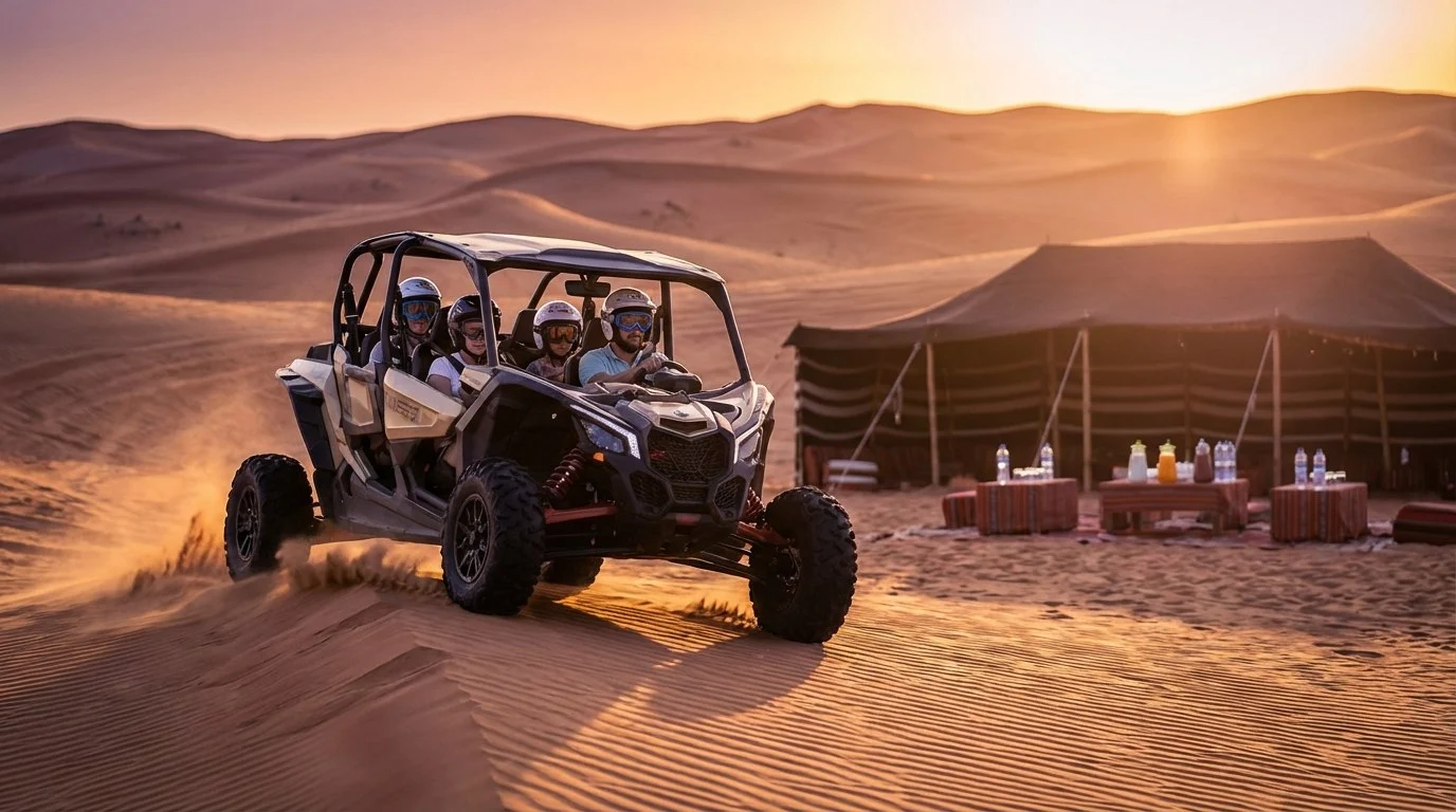 Families riding multi-seat dune buggies across the red Lahbab desert dunes during a golden-hour afternoon rush session in Dubai