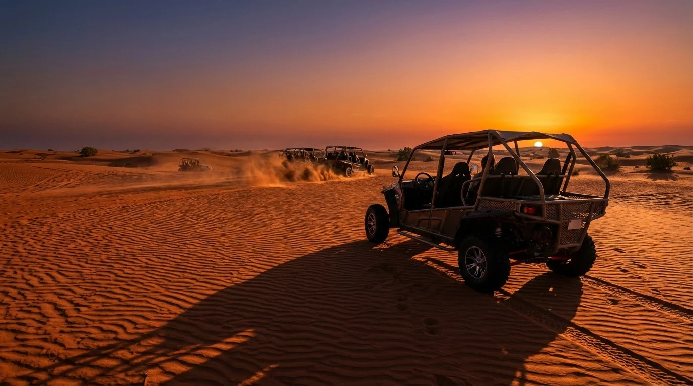 Tourists riding dune buggies across red Dubai dunes at sunset, enjoying an adventure in the desert