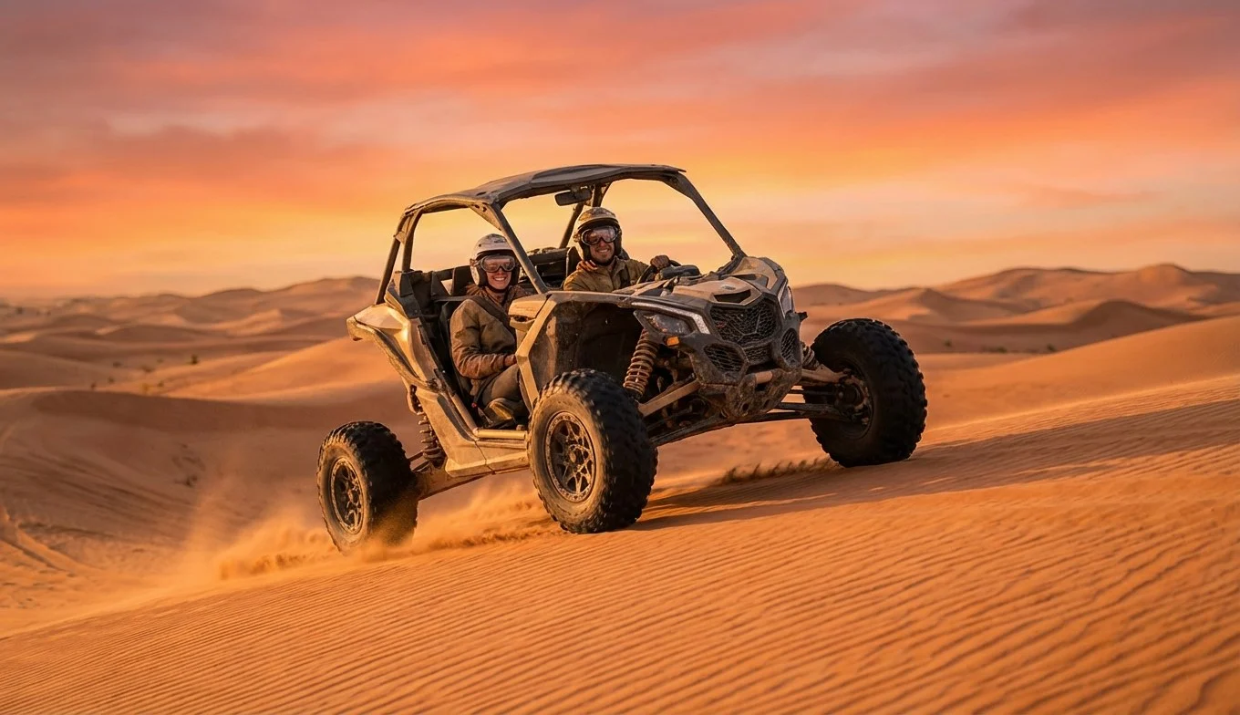 Tourists riding dune buggies across red Dubai dunes at sunrise with clear skies and soft light