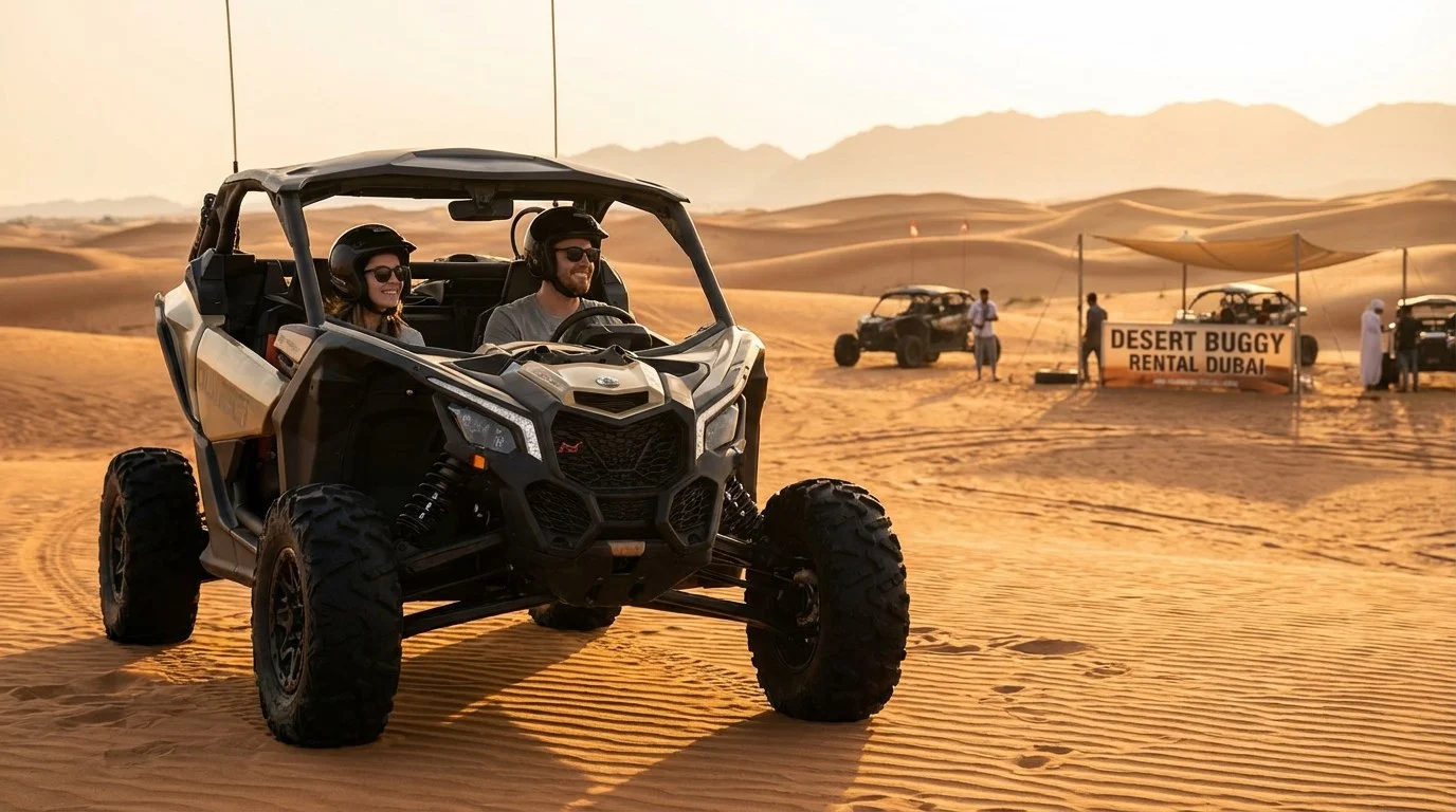 Tourists driving dune buggies across the red Lahbab desert dunes in Abu Dhabi under a clear blue sky