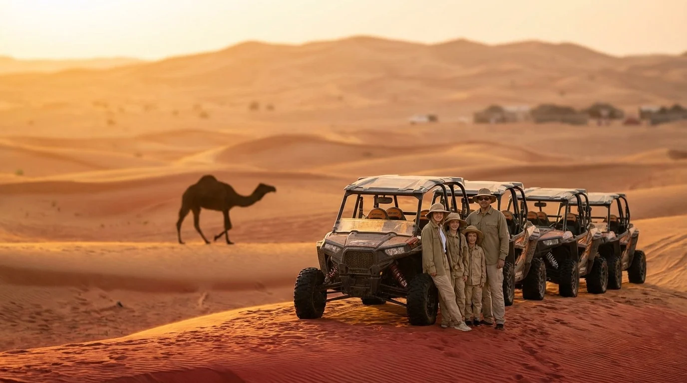 Tourists enjoying a serene morning desert safari in Abu Dhabi with cooler temperatures and soft golden light