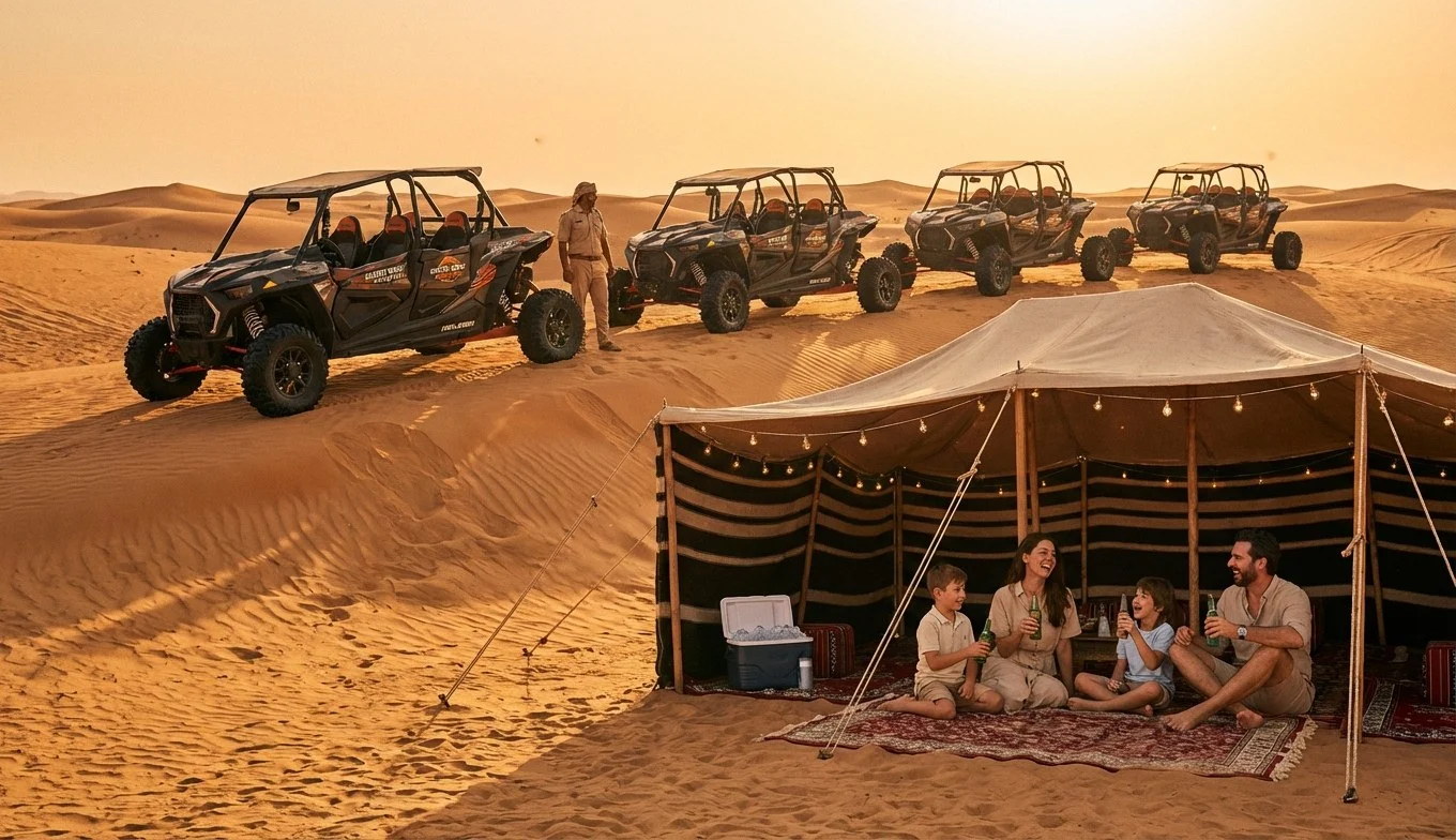 Families enjoying a desert safari in Ras Al Khaimah, with children on a camel ride and adults preparing for a dune buggy adventure
