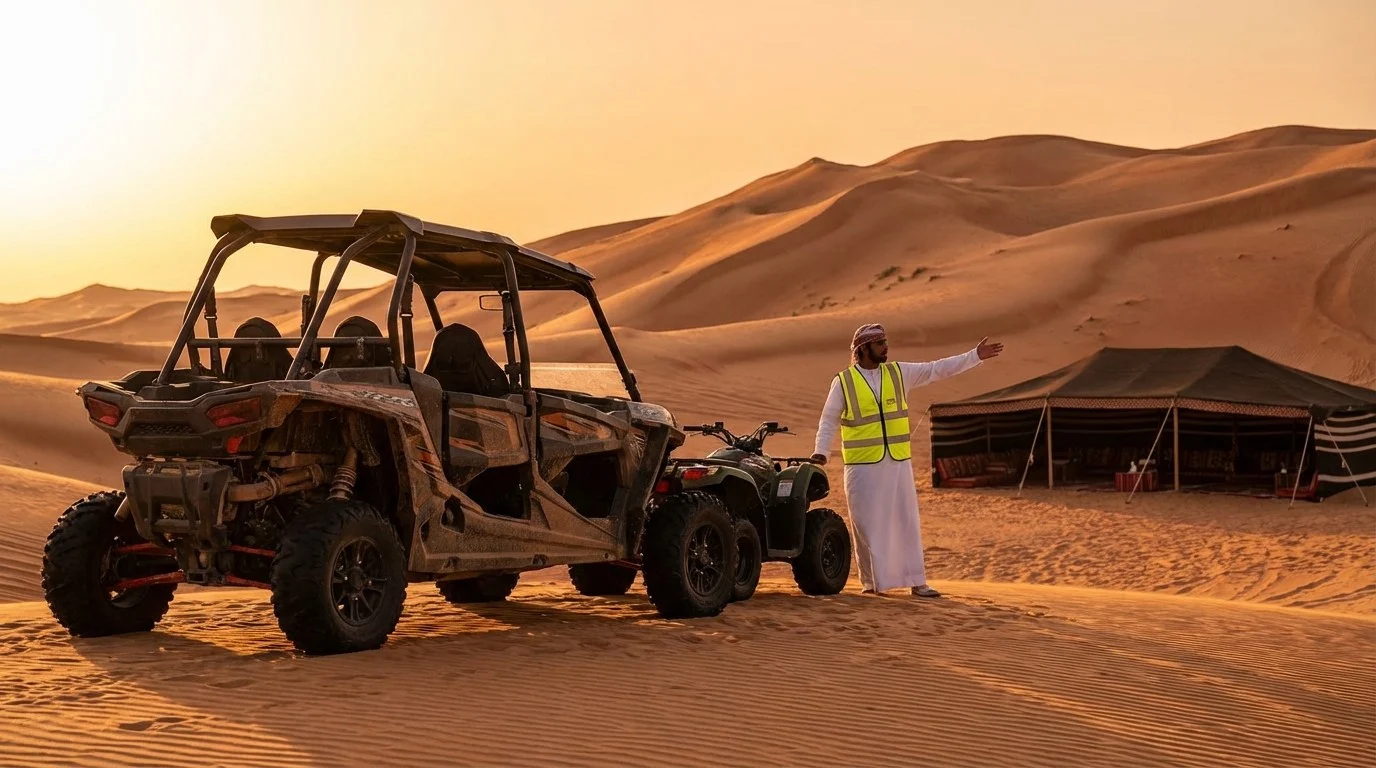Tourists riding quad bikes across the red dunes of Al Marmoom desert in Abu Dhabi during a guided tour at sunset