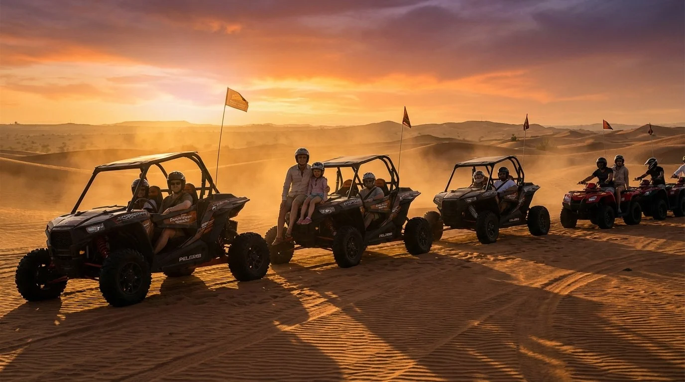 Tourists riding quad bikes across the red dunes of Ras Al Khaimah desert at sunset, with a guide leading the convoy