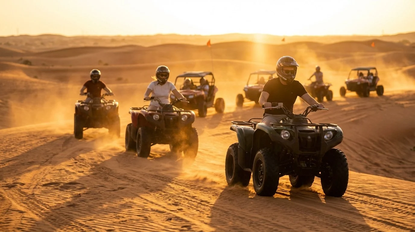Tourists wearing helmets and goggles riding quad bikes in a convoy across the red Lahbab desert dunes at sunset in Ras Al Khaimah