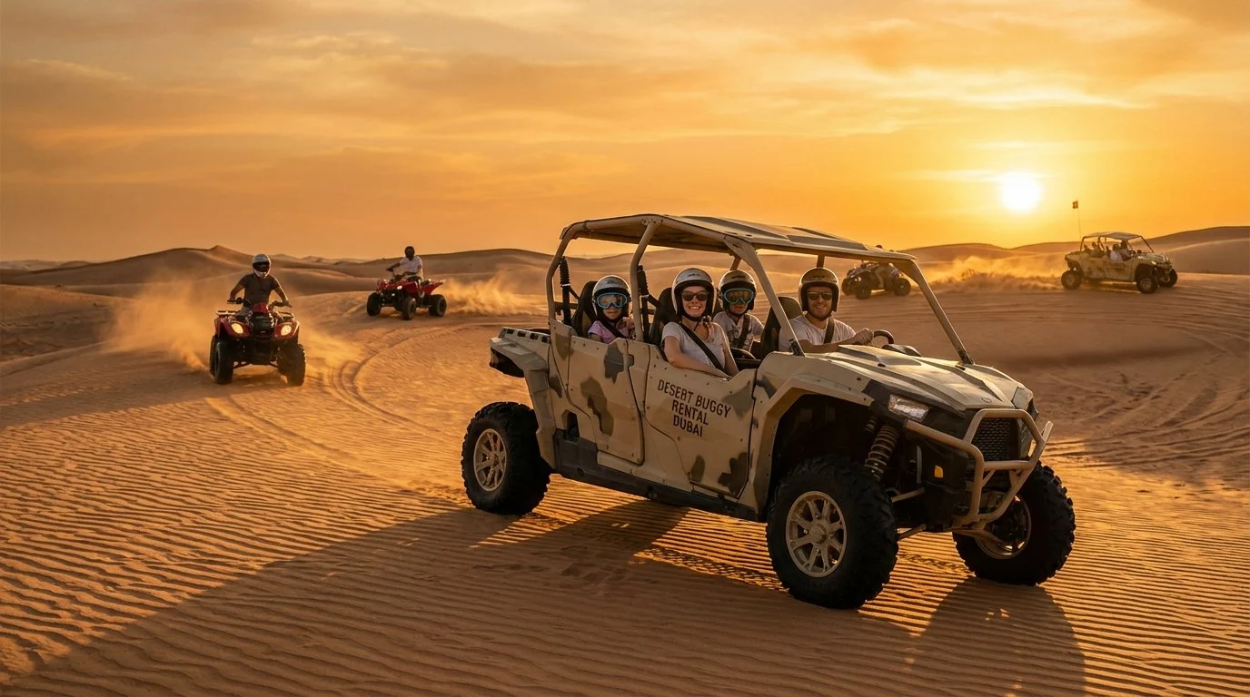 Families enjoying a dune buggy ride across the red dunes of Lahbab, Dubai, with the setting sun in the background
