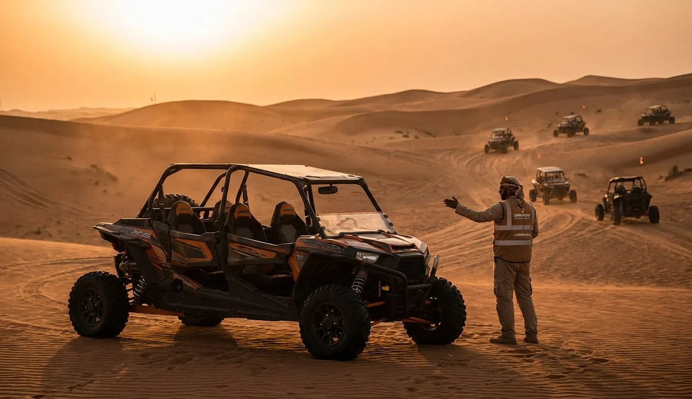 Family riding a multi-seat dune buggy across the red Lahbab desert dunes in Dubai, guided by an expert at sunset