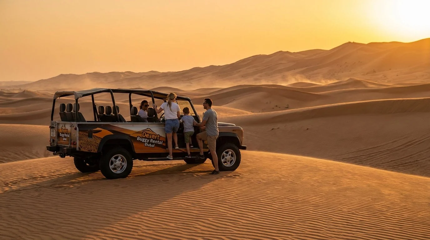 Tourists riding dune buggies across red Dubai dunes at sunset, enjoying a private tour experience with a dedicated guide.