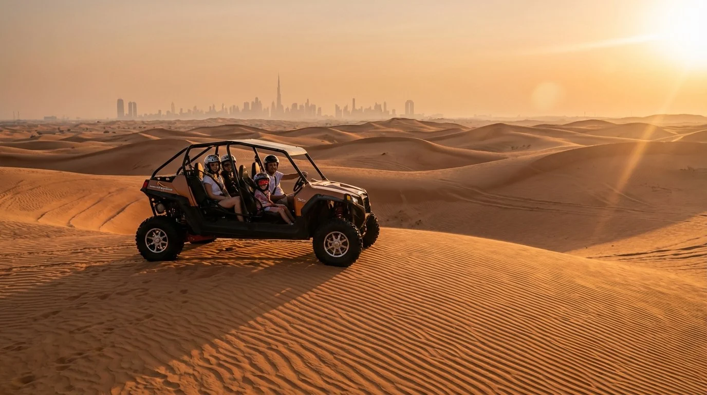 Family enjoying a morning desert safari in Dubai, with a child sandboarding down a dune and a camel in the background at sunrise