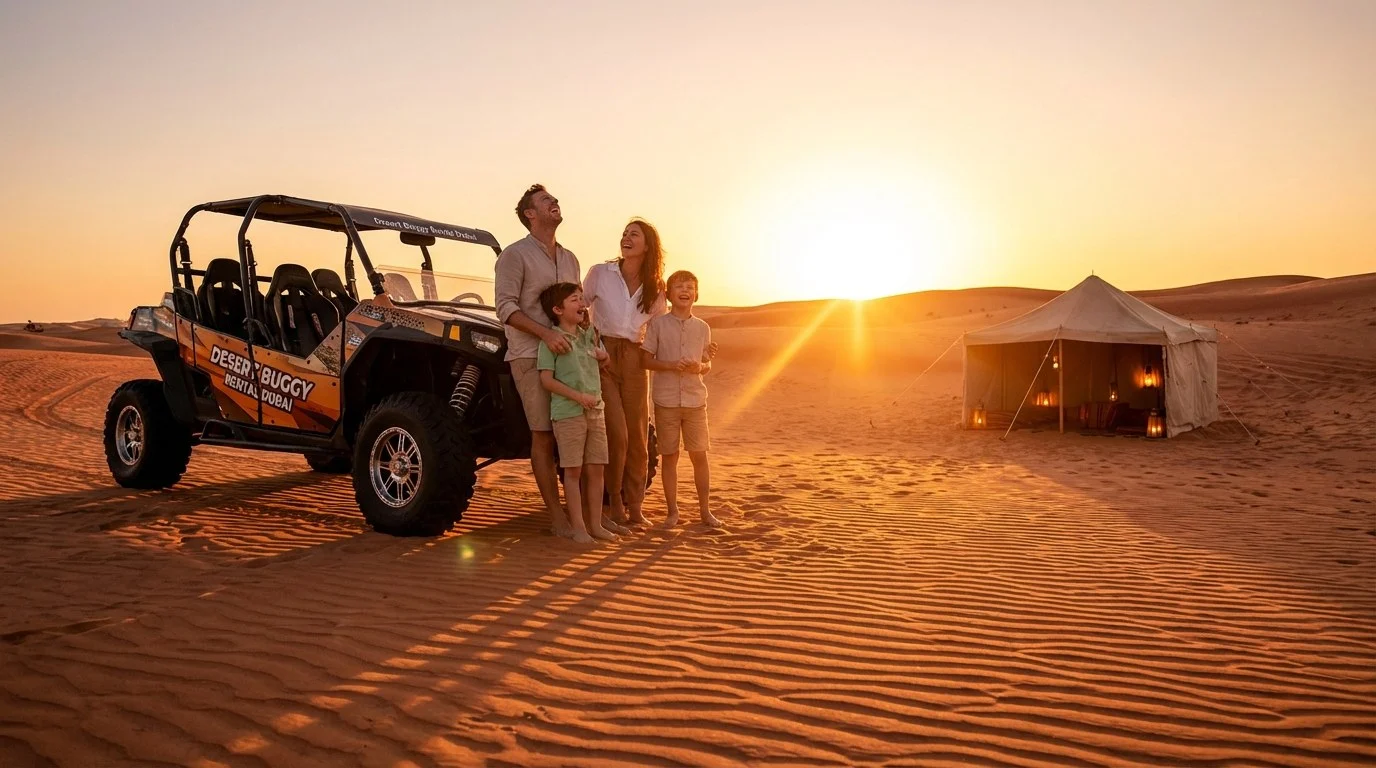 A family wearing appropriate desert safari attire, including closed-toe shoes and long trousers, enjoying a sunset view over the Lahbab Red Dunes