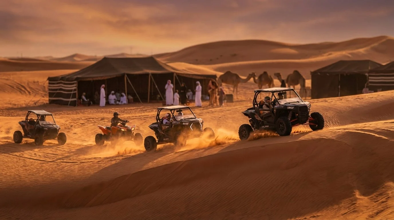 Tourists riding quad bikes and dune buggies across the red Lahbab Red Dunes at sunset in Ras Al Khaimah