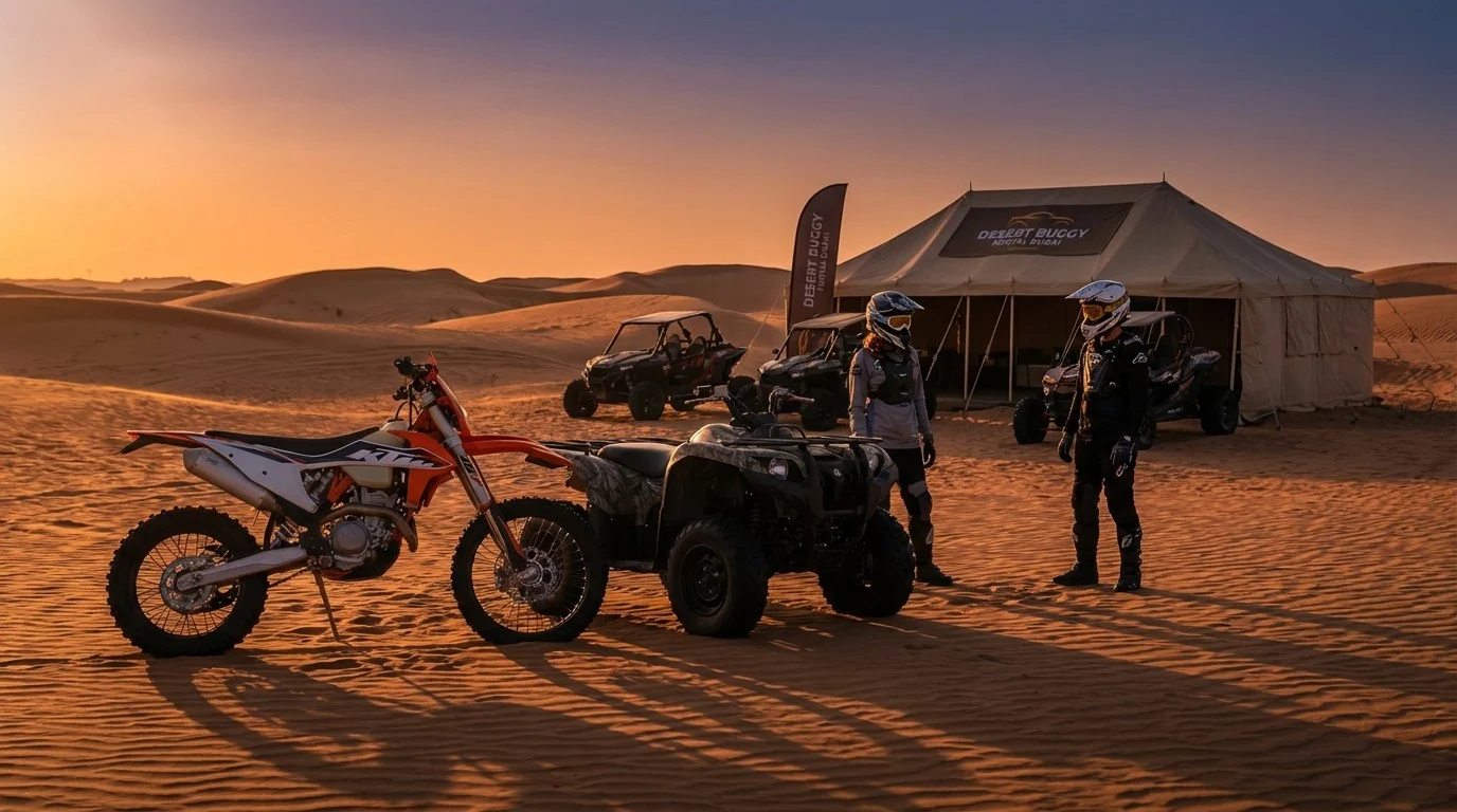 Two tourists riding quad bikes through the red dunes of the Dubai desert at sunset, with a guide leading the way
