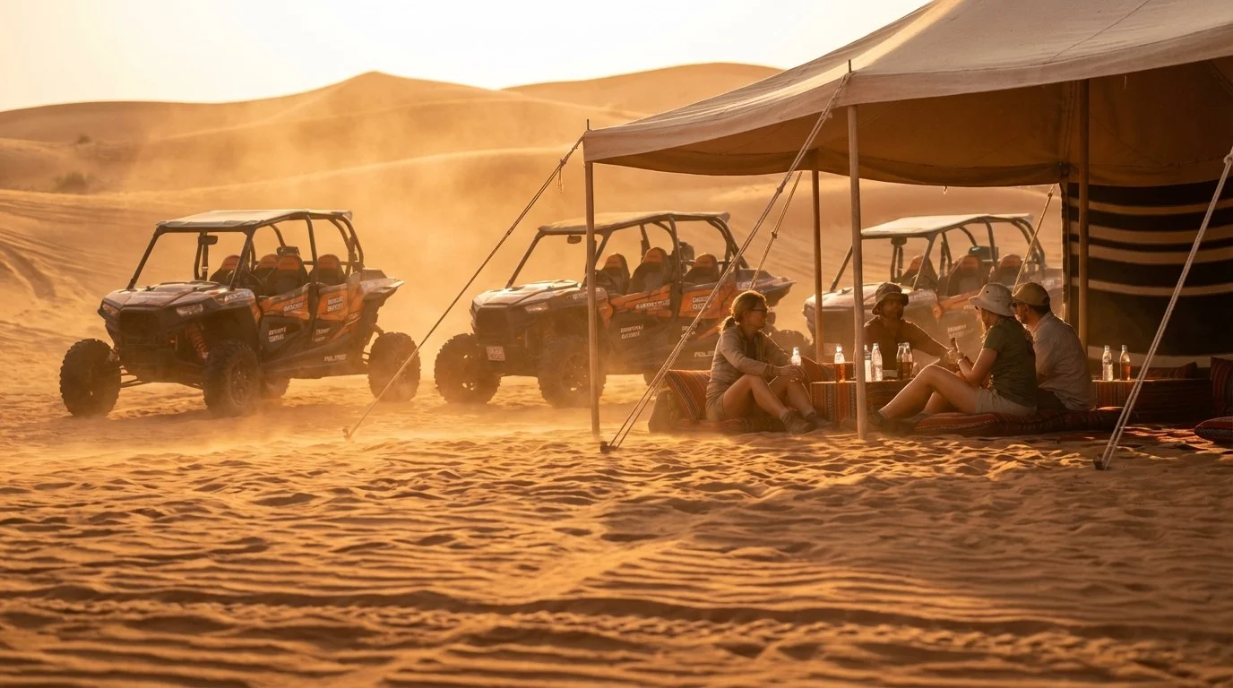 Professional desert safari drivers undergoing rigorous training in the vast, golden dunes of Dubai, preparing for safe and exciting tours.