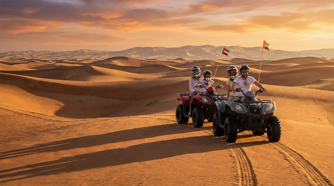 Families with children wearing helmets and goggles riding quad bikes on the red dunes of Ras Al Khaimah desert at sunset