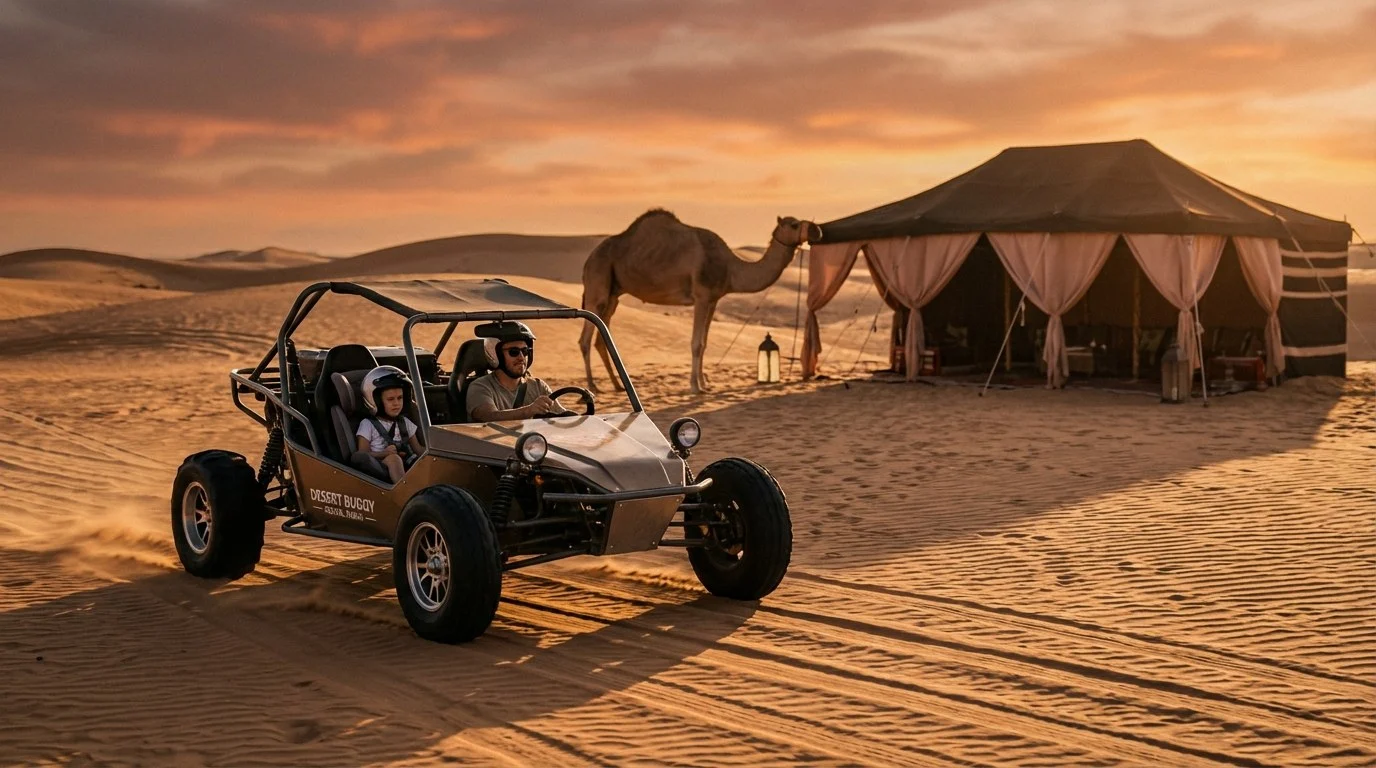 Parents and young children enjoying a camel ride during a family-friendly desert tour in Sharjah, UAE, with golden dunes in the background at sunset.