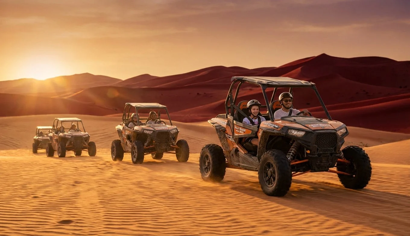 Tourists riding dune buggies across the red Lahbab Red Dunes at sunset in Abu Dhabi, UAE
