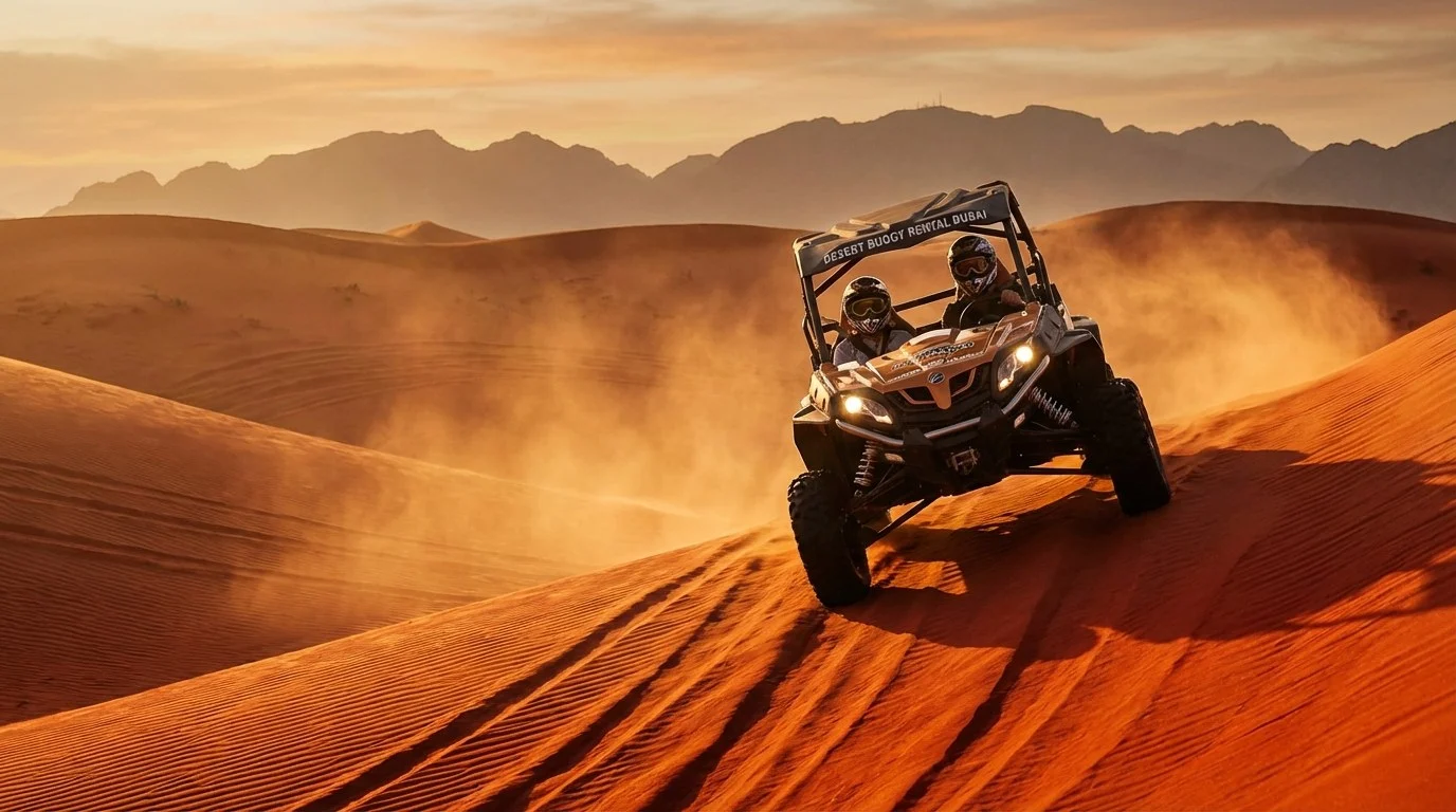 Tourists riding dune buggies across the red dunes of Ras Al Khaimah desert at sunset, with golden light reflecting on the sand.