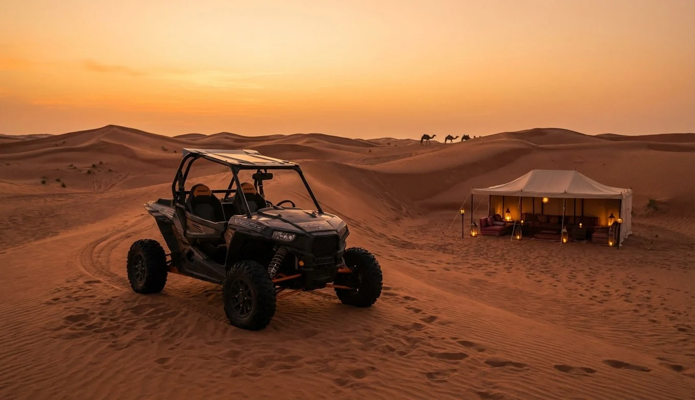 Tourists enjoying a luxurious private BBQ dinner under the stars in a quiet desert camp at Lahbab Red Dunes, Dubai