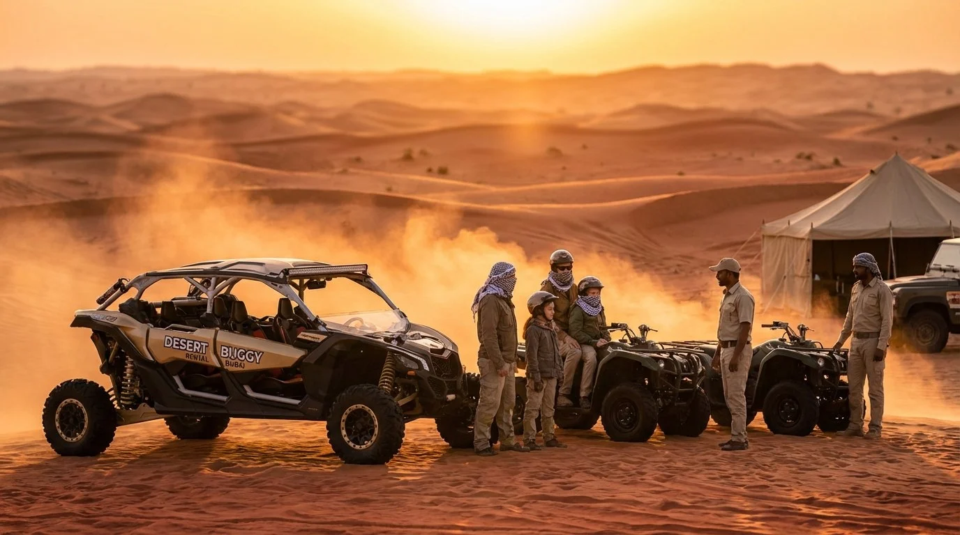 A family enjoying a desert tour in Sharjah, with a dune buggy in the foreground and vast sand dunes under a clear sky.
