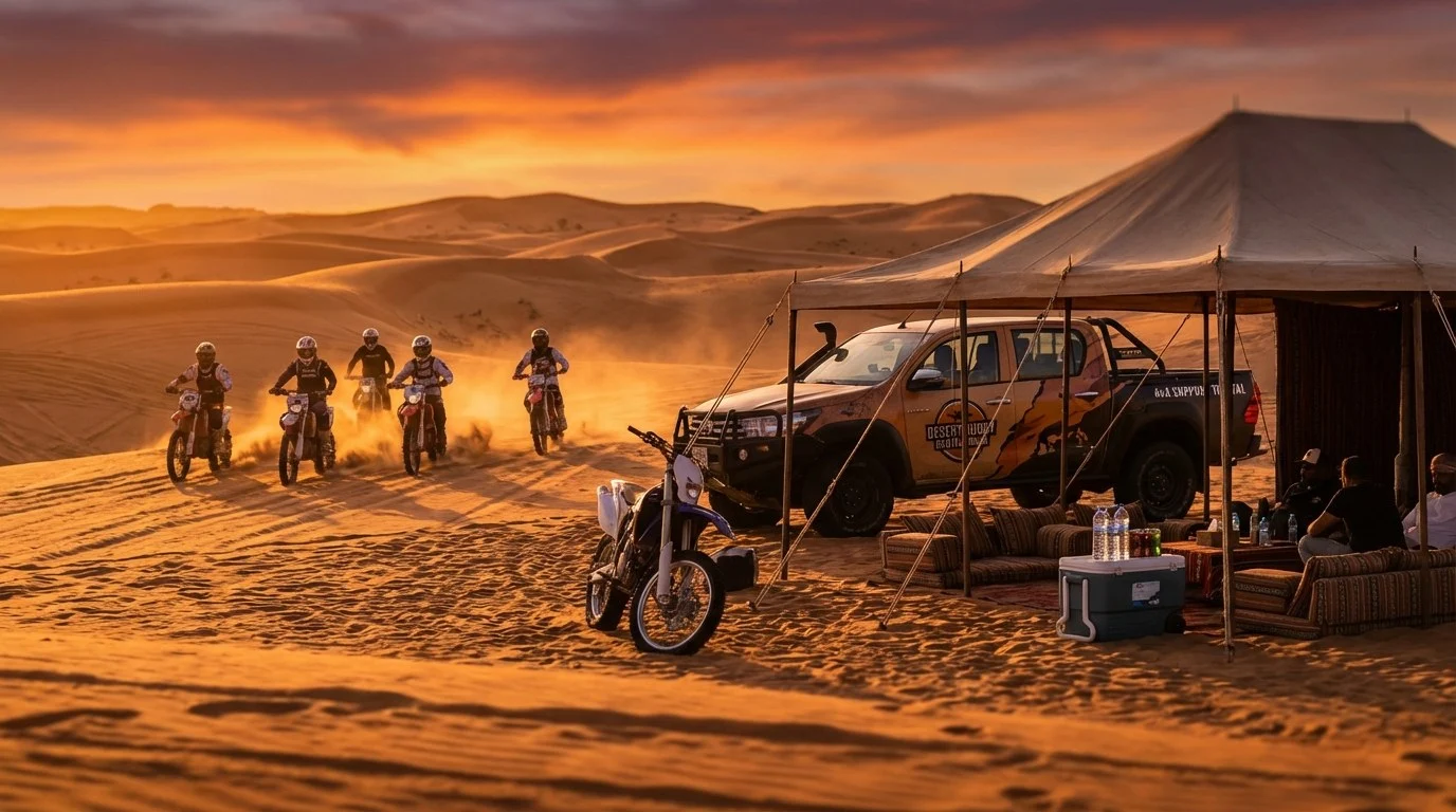 Two dirt bikers in full gear riding across red desert dunes under a clear blue sky in Dubai, UAE