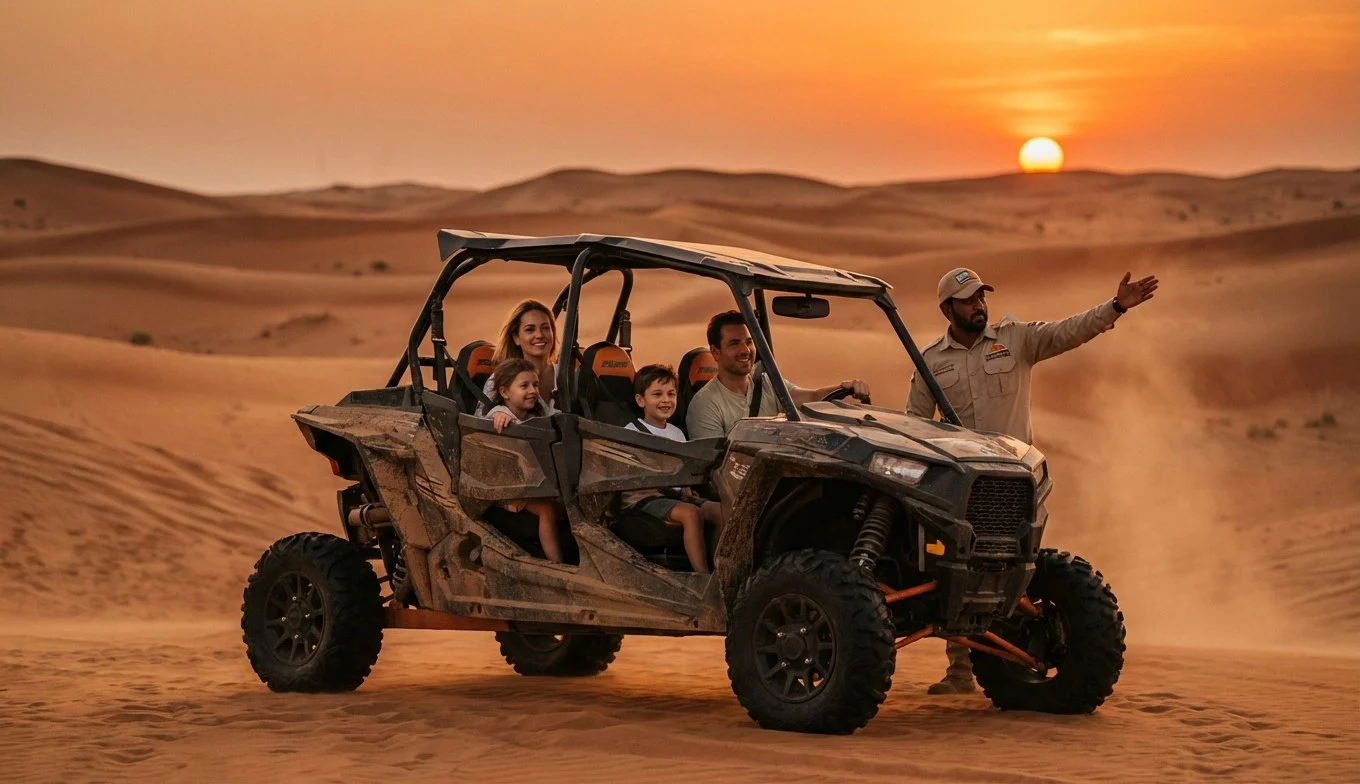Tourists riding dune buggies and quad bikes across the red dunes of Lahbab desert in Dubai at sunset