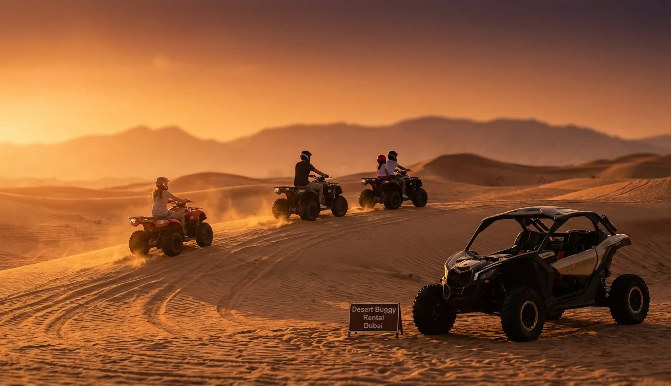Families riding quad bikes and dune buggies across the Lahbab Red Dunes in Dubai at sunset, enjoying a desert safari adventure.