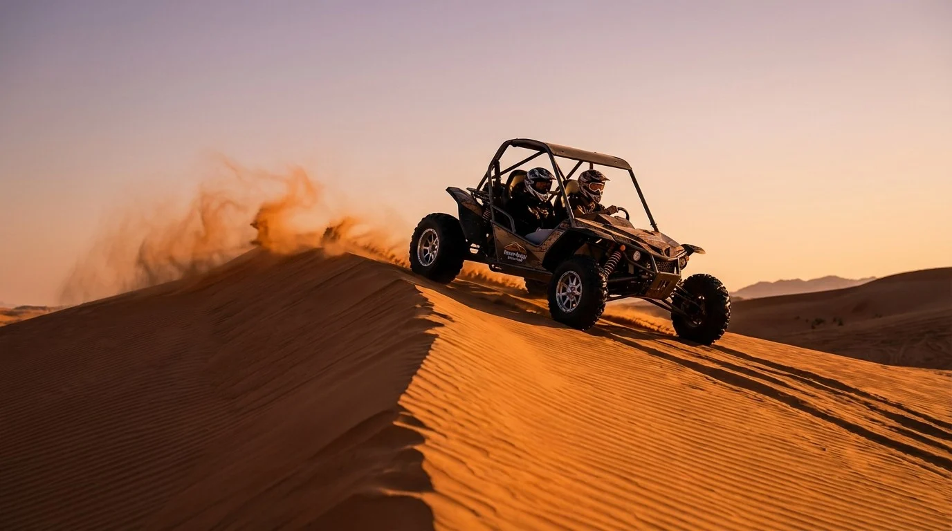 Tourists riding dune buggies across the red Lahbab Red Dunes in Ras Al Khaimah at sunset with clear views