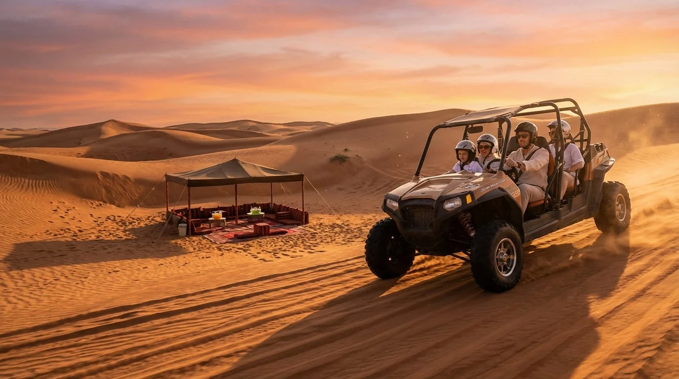 Family riding a dune buggy across the red Lahbab Red Dunes in Abu Dhabi, with a support vehicle following in the distance