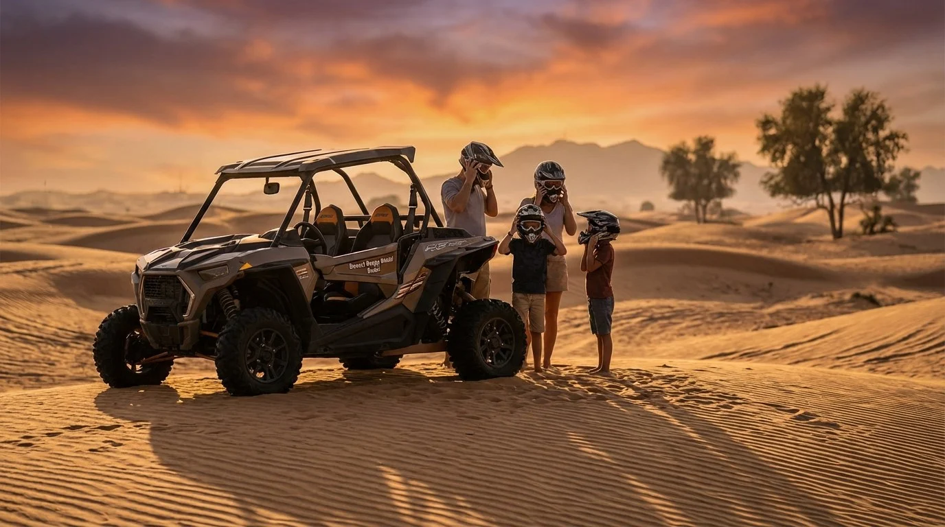 Tourists riding dune buggies across the red Lahbab dunes at sunset, with a support vehicle in the background