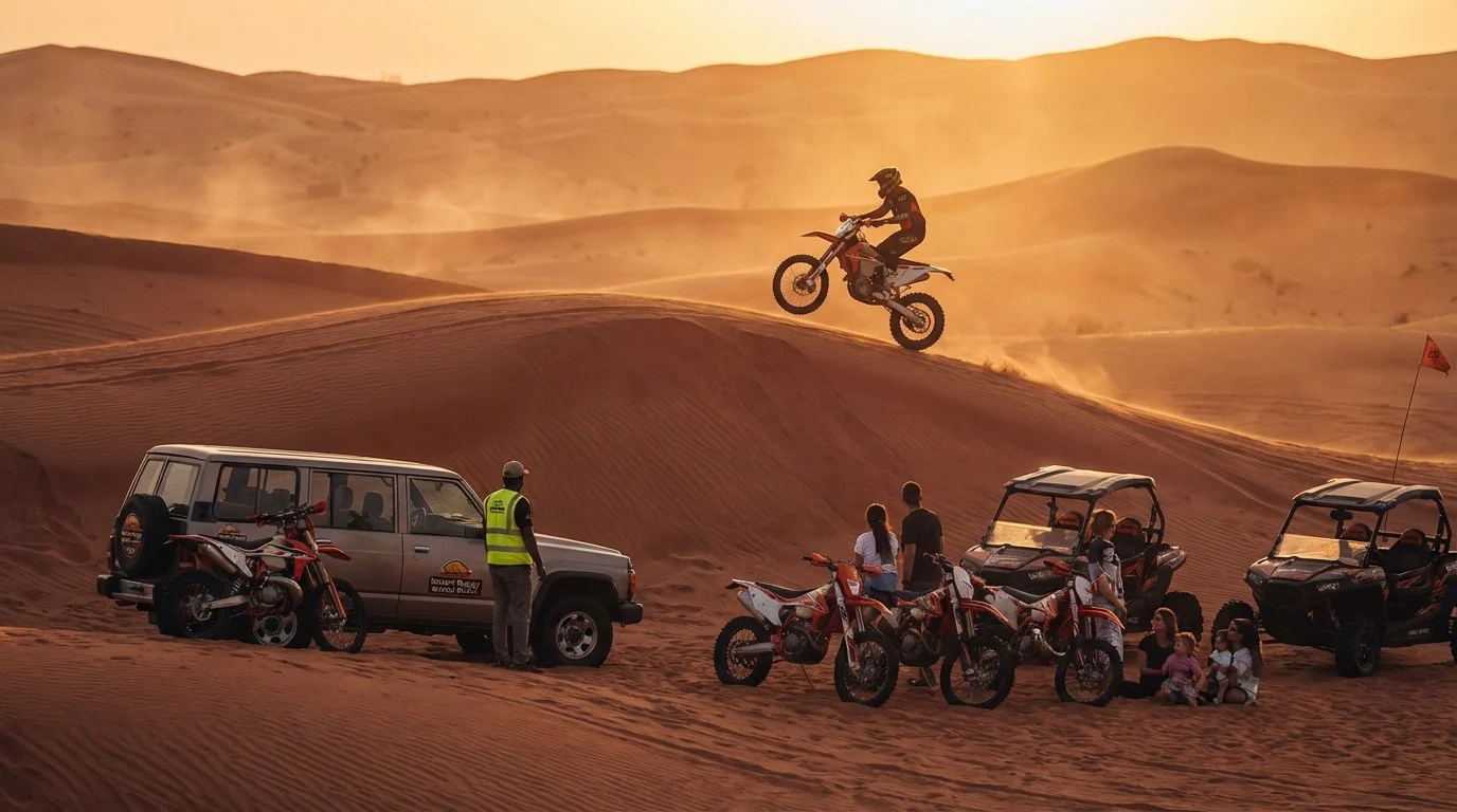 Tourists riding KTM dirt bikes across the red dunes of Dubai's Lahbab desert at sunset, guided by an instructor.