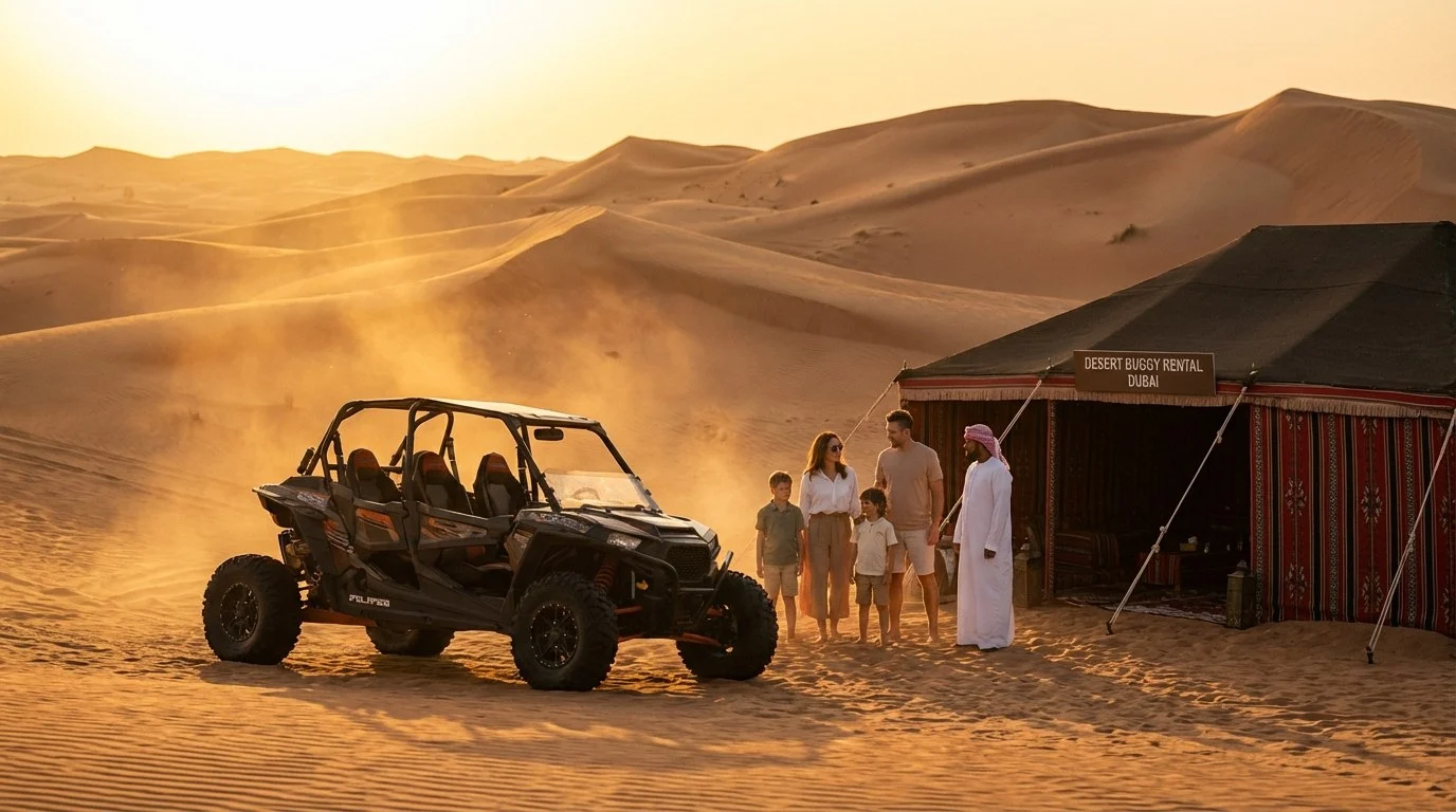 Tourists driving dune buggies across the red Lahbab dunes in Dubai during a golden-hour sunset adventure