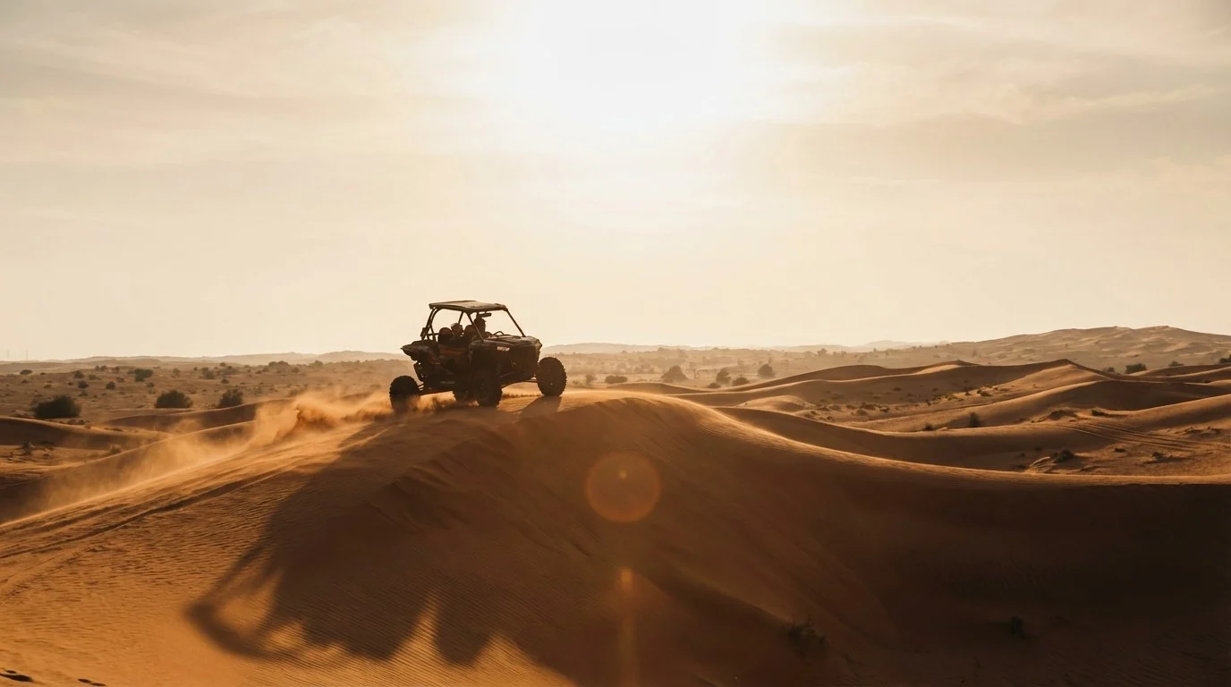 Tourists riding dune buggies across red Dubai dunes at sunset, with a support vehicle in the background